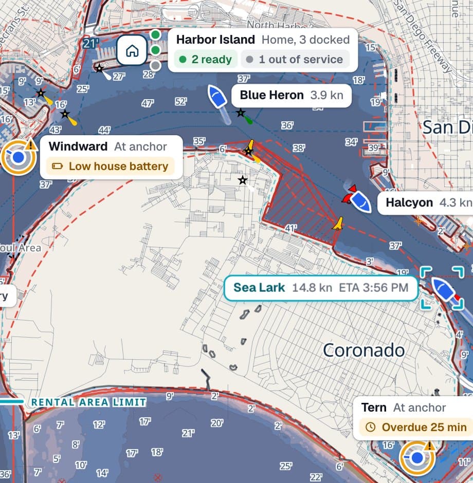 The Pathr Fleet overview in the interactive demo: fleet counts across the top, every boat on the Pathr chart of San Diego Bay, four active alerts docked under the chart, and the returning rental Sea Lark open on the right with its compass, trip timeline and engine readings.