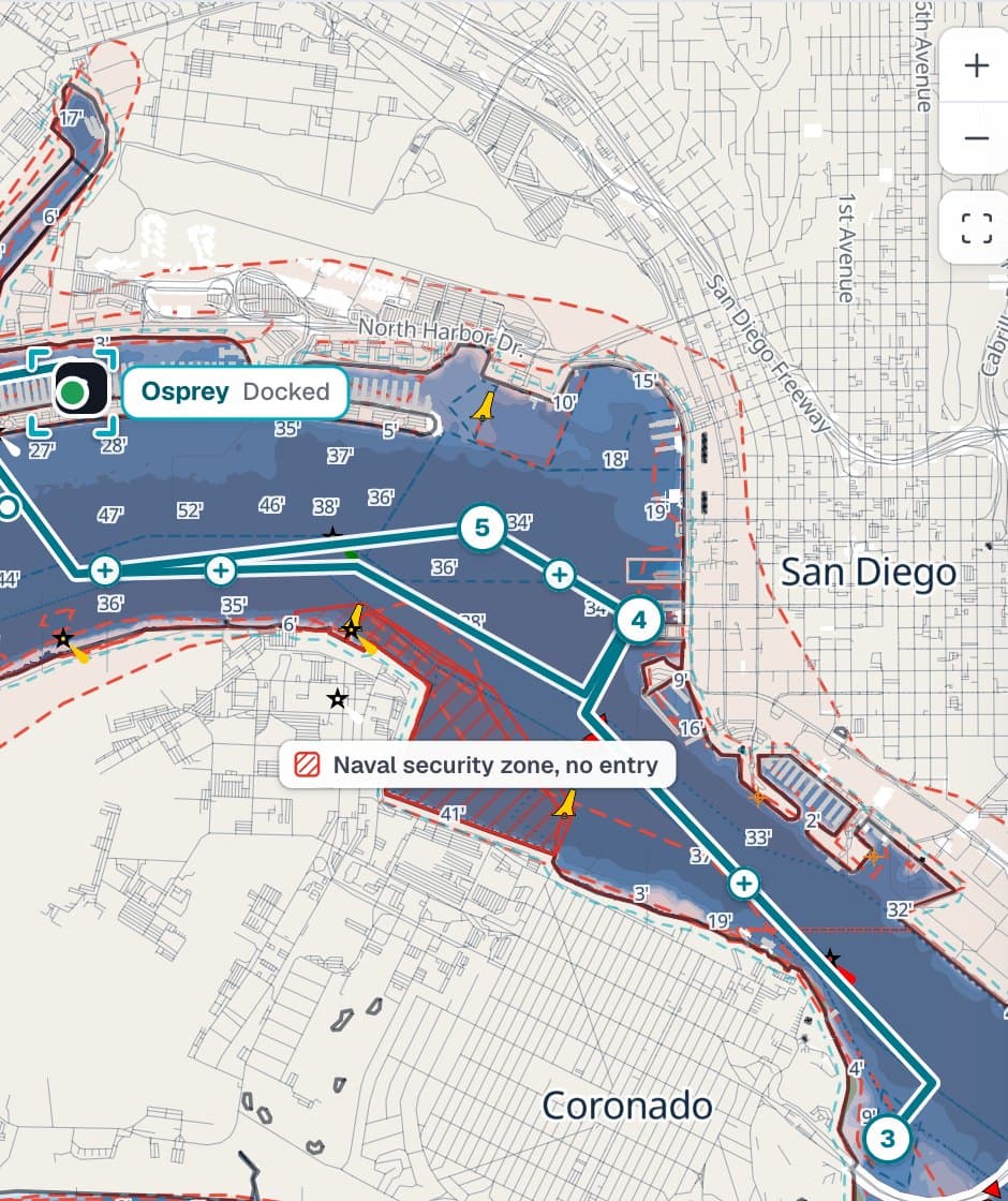 The planner in the demo: Osprey, a 22 ft rental, with Capt. Sam Park and the Ito family's 4:30 to 6:00 PM booking. The harbor tour runs from Harbor Island West Basin past downtown San Diego toward the Bay Bridge roadstead on the Pathr chart, each leg marked clear. Capt. Park's simulated phone has no routes assigned yet.