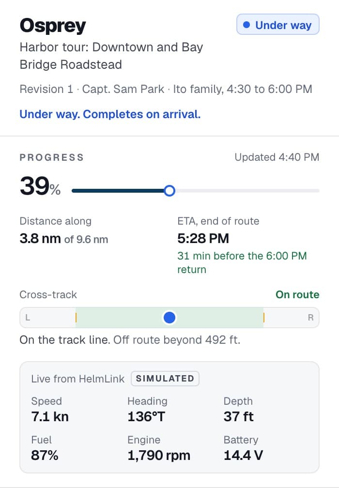 4:40 PM, Osprey under way on the accepted route: 39% along, 3.8 of 9.6 nm, ETA 5:28 PM, 31 minutes before the 6:00 PM return, on the track line. The chart shows the accepted route and the actual track; the captain's phone shows the next stop, Bay Bridge Roadstead A-4.