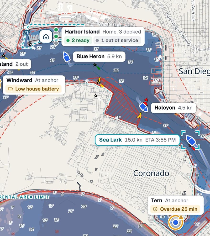 The Pathr Fleet overview in the interactive demo: fleet counts across the top, every boat on the Pathr chart of San Diego Bay, four active alerts docked under the chart, and the returning rental Sea Lark open on the right with its compass, trip timeline and engine readings.