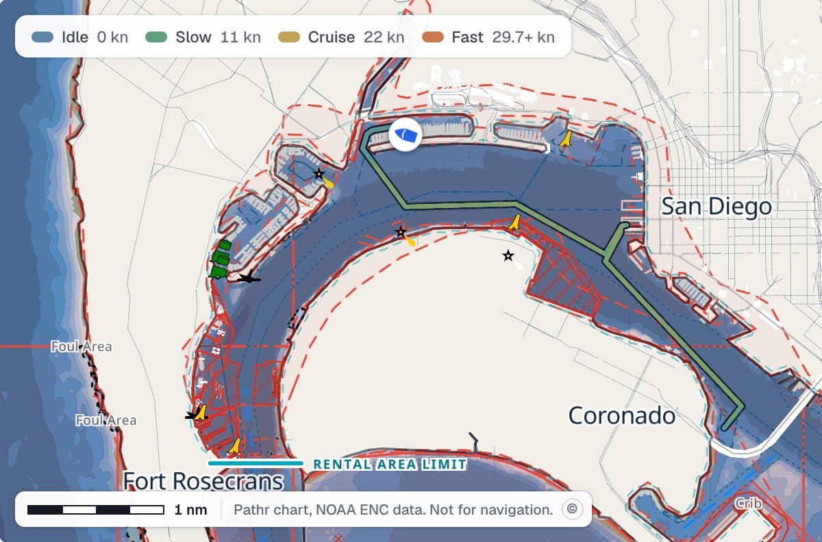 Sea Lark's afternoon outing on the trip history chart: around the bay from Harbor Island past Coronado and home, the track colored by speed.