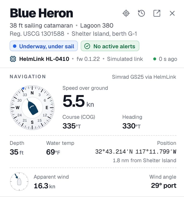 Blue Heron, a 38 ft sailing catamaran, under sail: 5.5 kn over ground, course 335 and heading 330 degrees true, depth 35 ft, water 69 degrees F, and the apparent wind at 16.3 kn, 29 degrees on the port side.
