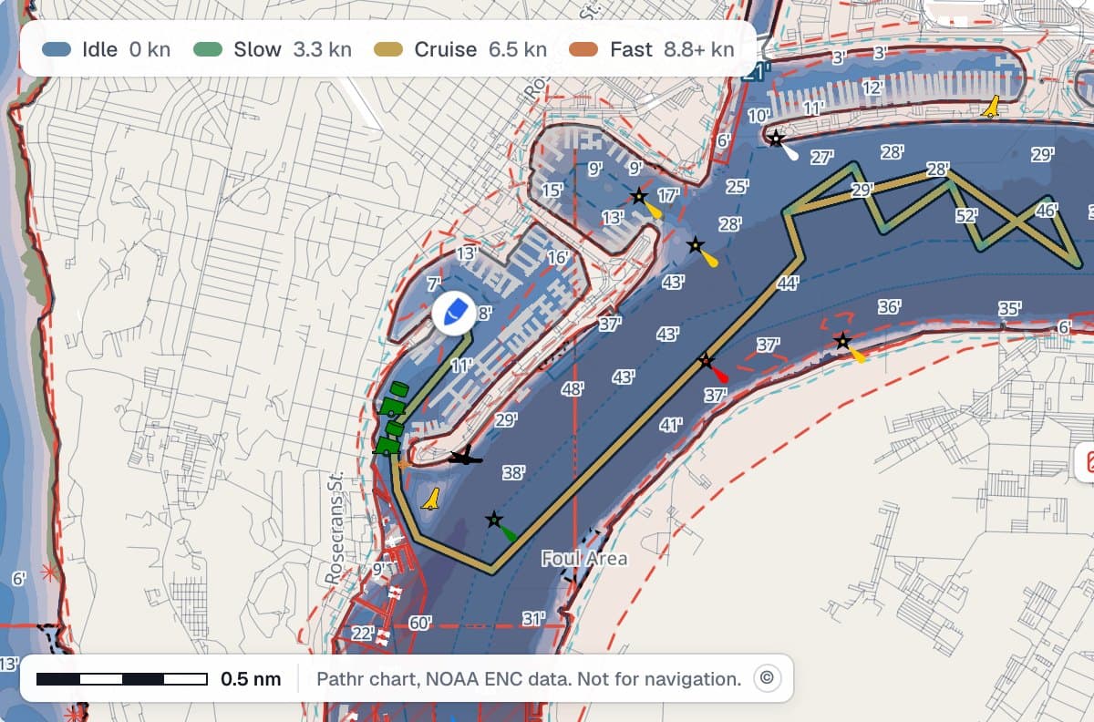 Blue Heron's day sail on the trip history chart: tacking up the north bay from Shelter Island, the track colored by speed.