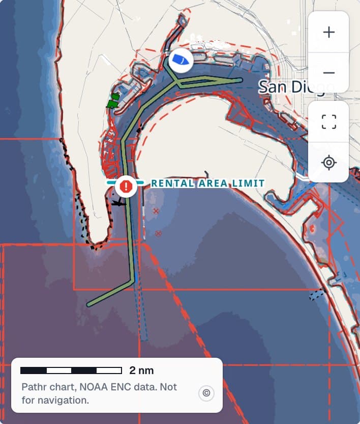 Skipjack's rental on the trip history chart after it docked at 4:55 PM: the track colored by speed from Harbor Island and the downtown anchorage out through the bay entrance, the critical alert where it crossed the rental area limit, and back.