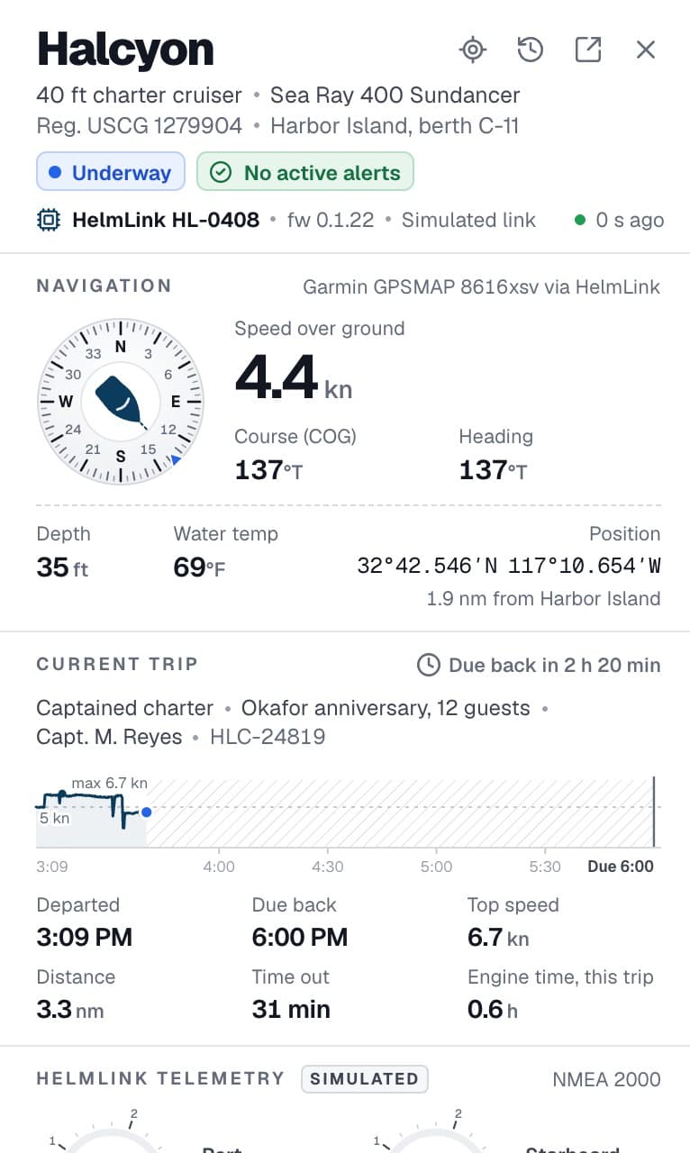 The Pathr Fleet overview in the demo with the charter cruiser Halcyon open: a captained anniversary charter for 12 with Capt. M. Reyes, under way at 4.4 kn on its route along the downtown waterfront, due back at 6:00 PM, with both engines' RPM, hours, coolant and oil pressure.